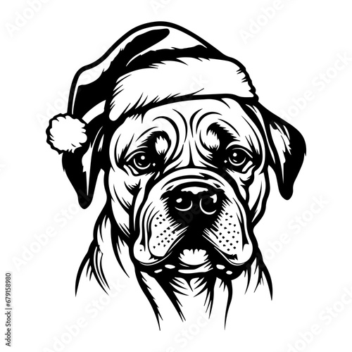 Cute bullmastiff Dog wearing Santa hat head, Christmas illustration, Generative AI.