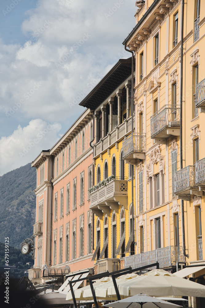 Typical facades of the city of Como. Lombardy, Italy.