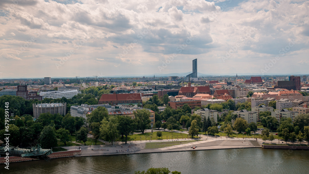 A view of the summer panorama of Wroclaw in Poland with the Odra River
