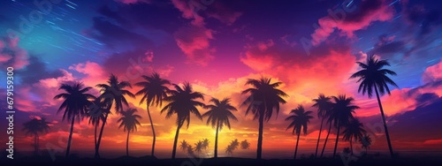 a tropical sunset with colorful palm trees and clouds © olegganko
