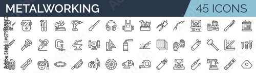 Set of 45 outline icons related to metalworking. Linear icon collection. Editable stroke. Vector illustration photo