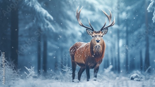 Fallow deer in winter forest. Noble deer male. Banner with beautiful animal in the nature habitat. Wildlife scene from the wild nature landscape. Wallpaper  Christmas background