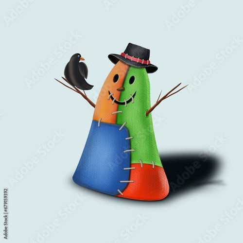 Isolate Scarecrow illustration Wear a black hat Using fabric of many colors sewn together, there are seams and the arms are like branches. There was a black bird perched on it. light green background