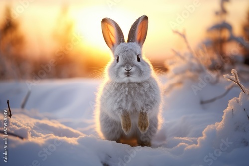 Little hare in winter coat. Single cute arctic hare with white fur sitting on clean and bright white snowfield. Beautiful snowy polar scenery. Banner with wild animal in nature habitat