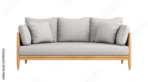 Chic Scandinavian-style sofa in light gray with clean lines and cushions, set on natural wood legs. Couch on transparent background. Cut out furniture. Front view. PNG photo