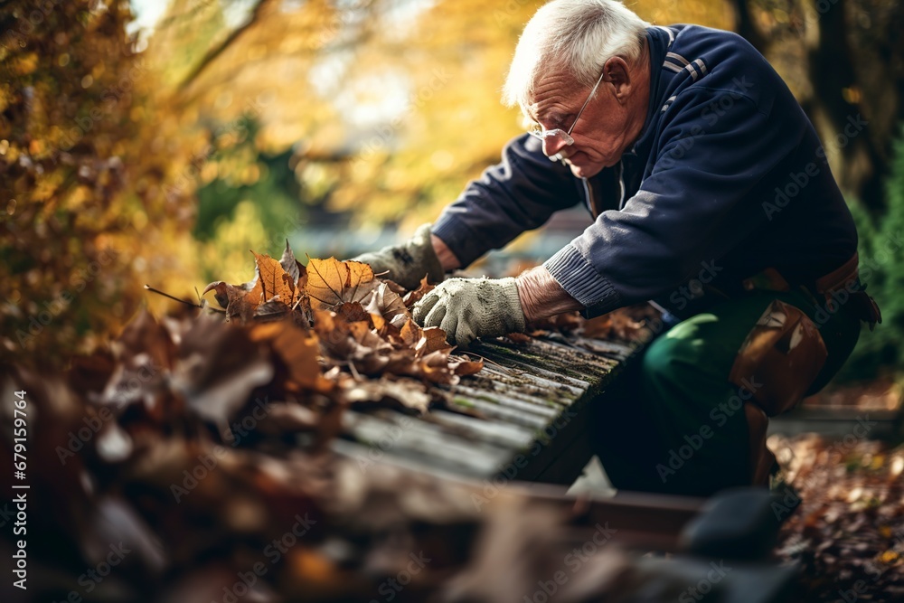 old man cleaning the garden of dry leaves using thick gloves old man cleaning the garden of dry leaves using thick gloves