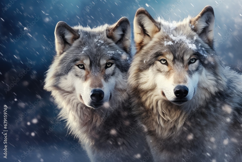 Two beautiful wild arctic wolves in wolf pack in cold snowy winter forest. Couple of gray wolves. Banner with wild animals in nature habitat. Wildlife scene - obrazy, fototapety, plakaty 
