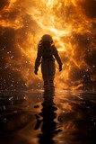 woman walks on water in outer space, in the rays of light effects, abstract golden smoke background
