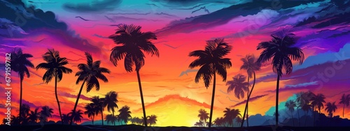 a tropical sunset with colorful palm trees and clouds © olegganko