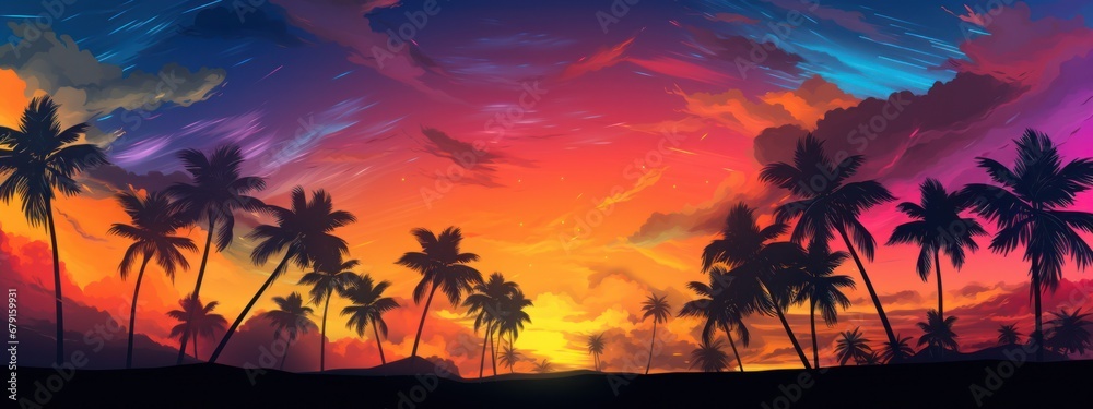 a tropical sunset with colorful palm trees and clouds