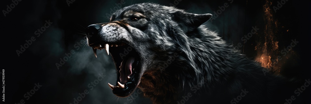 Angry grinning wolf (Canis lupus) on black background. Growling muzzle of a wolf. Banner about wild animal with copy space - obrazy, fototapety, plakaty 