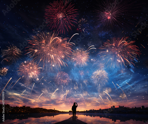 fireworks over night city sky, holiday background, bright colorful lights