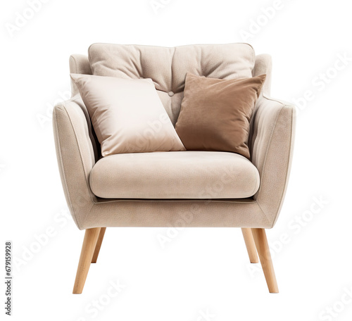 Cozy beige armchair in Scandinavian style with wooden legs and cushions, perfect for modern living space. Lounge chair on transparent background. Cut out furniture. Front view. PNG