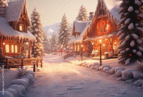 a holiday village with snow white trees and lights