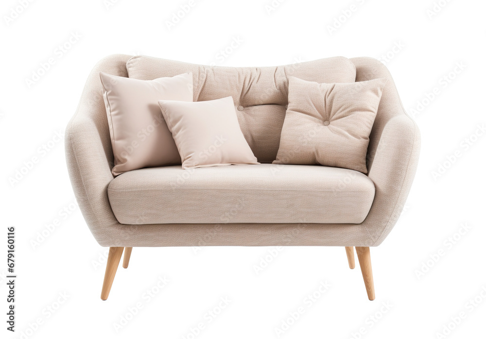 Small, chic Scandinavian-style sofa in beige with clean lines and cushions, set on natural wood legs. Couch on transparent background. Cut out furniture. Front view. PNG - obrazy, fototapety, plakaty 