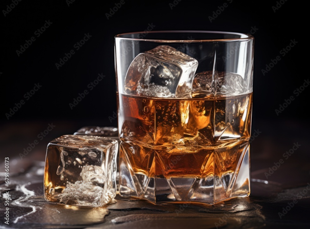 whiskey glass with ice cubes