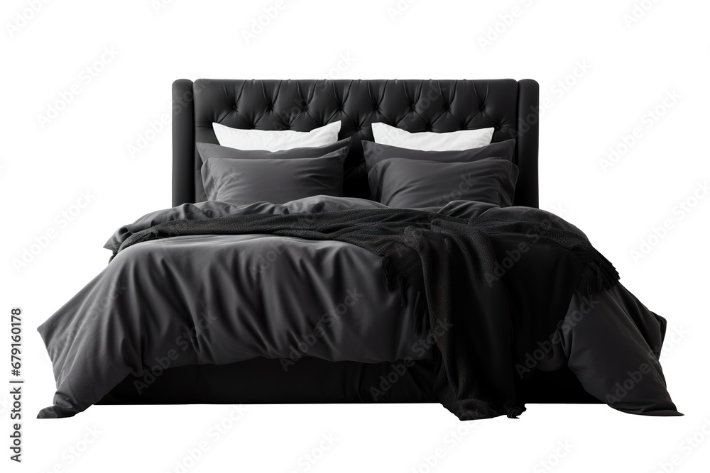 Opulent black bed adorned with luxurious dark bedding and contrasting