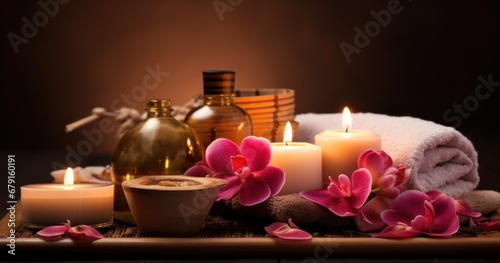 spa table with candles on the floor and spa towels on the background