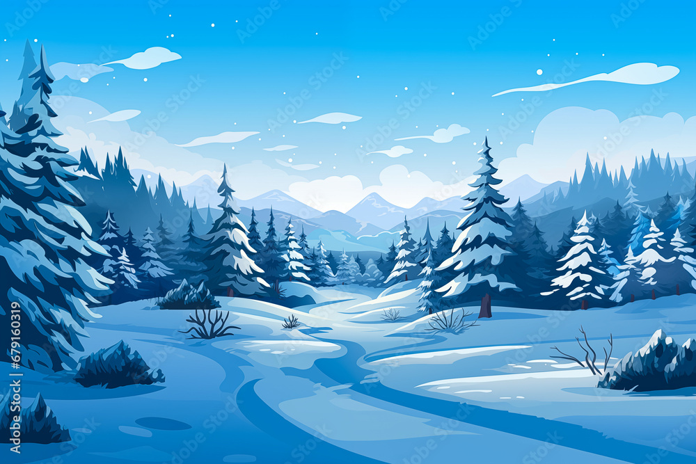winter landscape with christmas trees and mountains