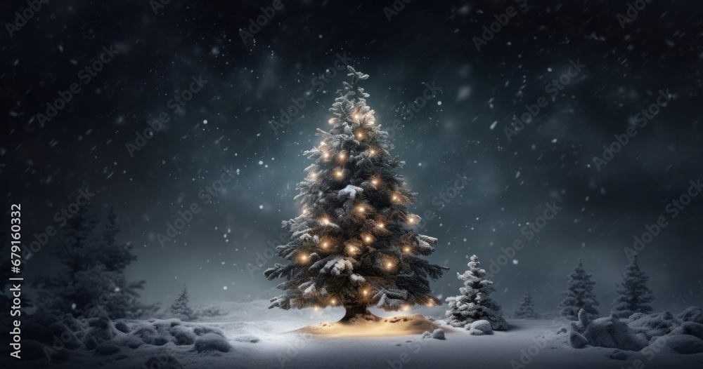 snowy christmas tree in the dark light