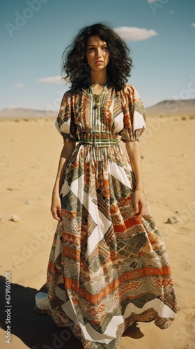 An Arab woman wearing national Palestinian dress. A Palestinian girl standing in a desert and wearing national patterned garment. Palestine. Sand. Desert. Arabic. Middle East. Ethnicity. Race