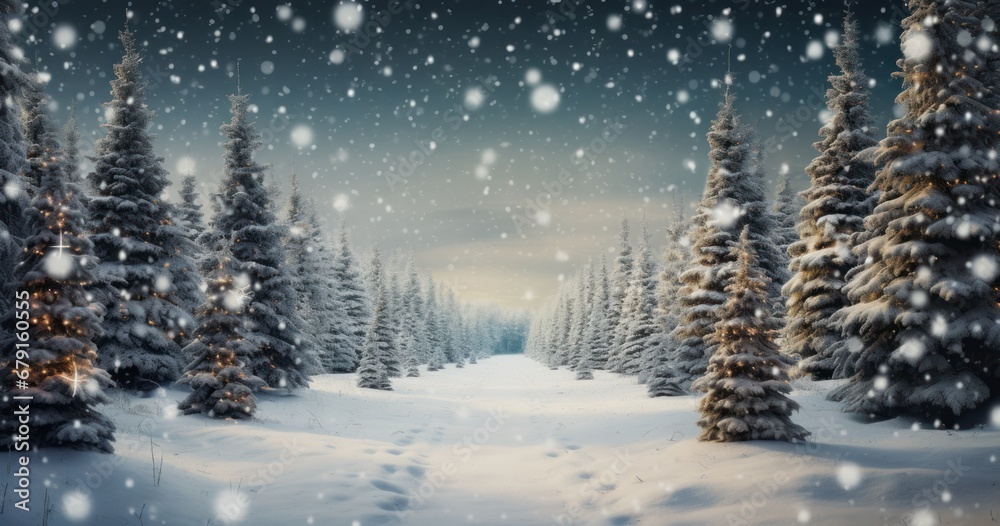 a christmas image featuring trees and snowfall