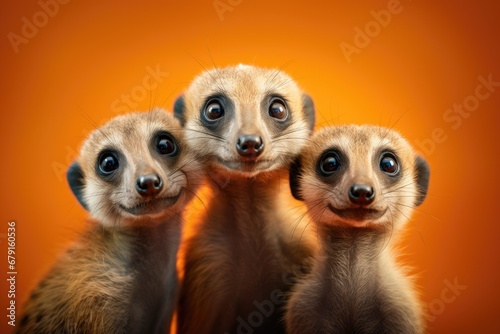 Three cute meerkats (Suricata suricatta) curiously peeking over yellow background. Funny animals family. Wildlife, safari. Exotic pet concept. Banner about pets with copy space © ratatosk