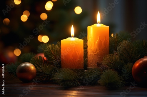 some candles and lights on a christmas tree