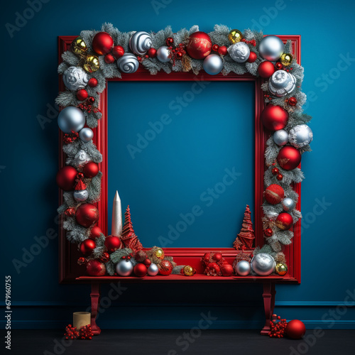 Fondo con detalle de marco de color rojo con decoración de tipo navideño, sobre pared de color azul