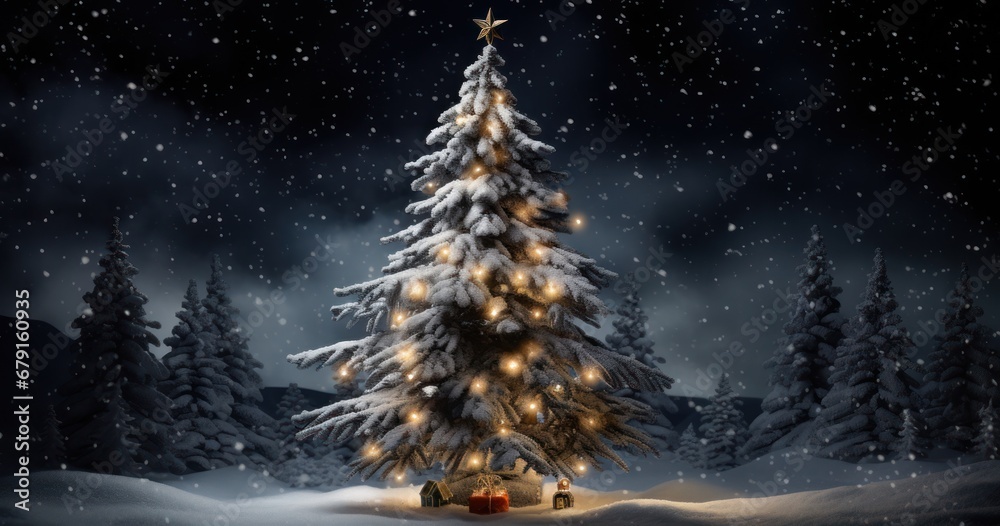 snowy christmas tree in the dark light