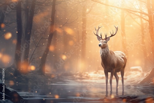 Red deer stag in the winter forest. Noble deer male. Banner with beautiful animal and magic lights. Wildlife scene from the wild nature snowy landscape. Wallpaper, Christmas background