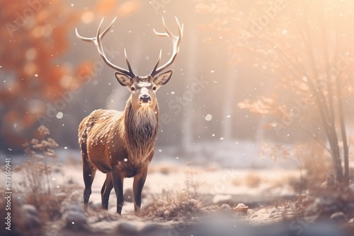 Red deer stag in the winter forest. Noble deer male. Banner with beautiful animal and magic lights. Wildlife scene from the wild nature snowy landscape. Wallpaper, Christmas background © ratatosk