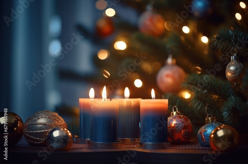 some candles and lights on a christmas tree