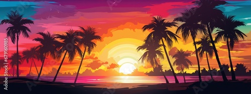 a tropical sunset with colorful palm trees and clouds