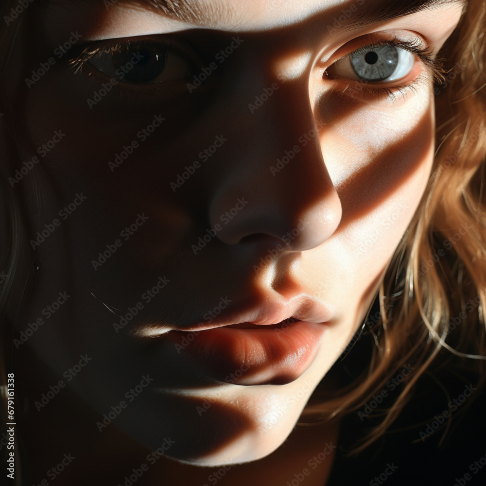 Fotografia de primer plano de rostro femenino con juego de luces y sombras - obrazy, fototapety, plakaty 