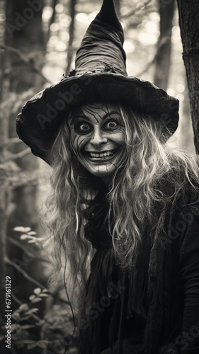 Smiling witch standing in the forest close up Ai generated art