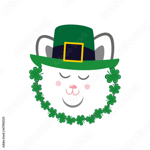 Vector image of a cat's head. The Cat in the Leprechaun's Hat. A cat with a beard made of clover leaves. Saint Patrick's Day is a holiday.