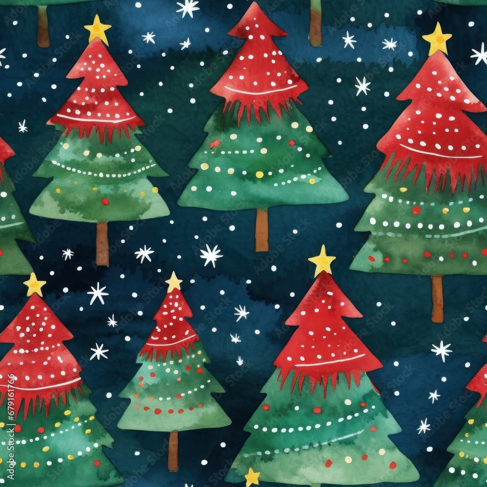 seamless painted or watercolor pattern of Christmas trees in red and green tones on a dark background