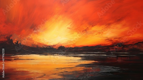 A vibrant abstract landscape with streaks of fiery red and orange, resembling a blazing sunset against a darkening sky, signifying the approach of a warm summer evening.