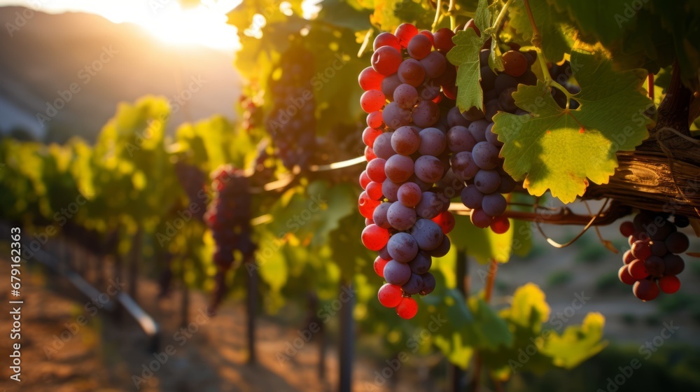 A sun-kissed vineyard with ripe grapes on the vines, symbolizing the peak of summer and the start of the grape harvest.