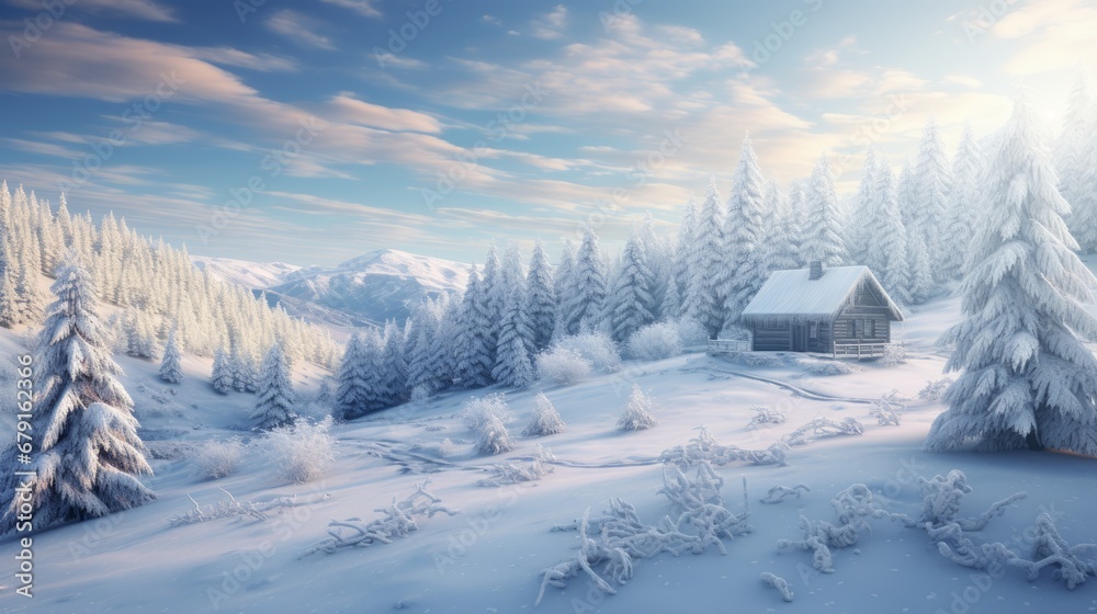 Obraz premium A snow-covered landscape with a cozy cabin nestled among frosted trees, capturing the serenity of a winter wonderland.