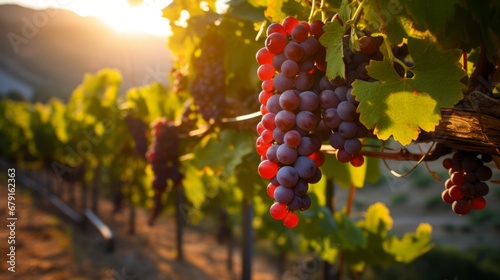 A sun-kissed vineyard with ripe grapes on the vines, symbolizing the peak of summer and the start of the grape harvest.