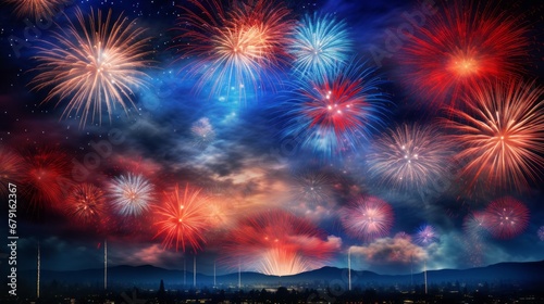 A patriotic fireworks display against a starry night sky, commemorating Independence Day in the United States.