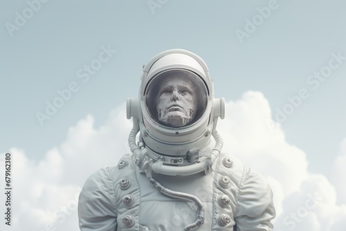 The character in an astronaut suit is portrayed in soft pastel gray tones, their form merging seamlessly with a minimalist pastel white expanse.