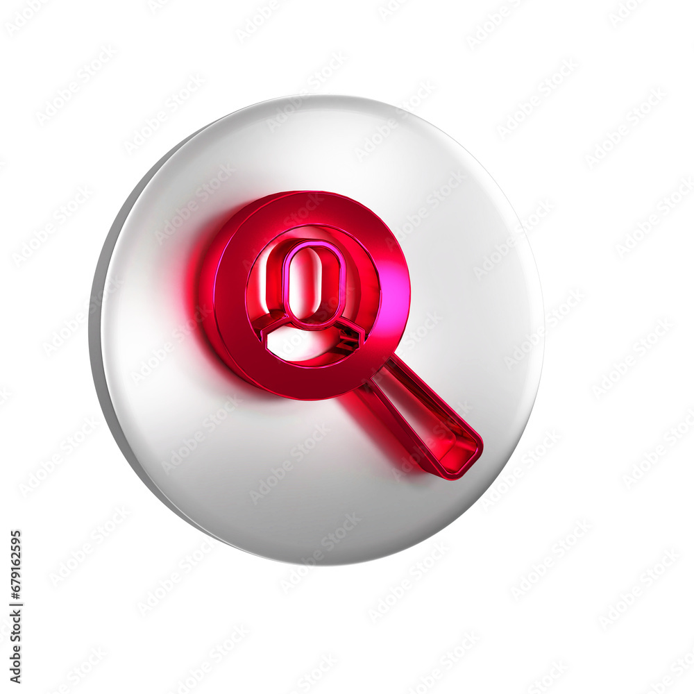 Red Magnifying glass for search job icon isolated on transparent background. Recruitment or selection concept. Search for employees and job. Silver circle button. Red Magnifying glass for search job icon isolated on transparent background. Recruitment or selection concept. Search for employees and job. Silver circle button.