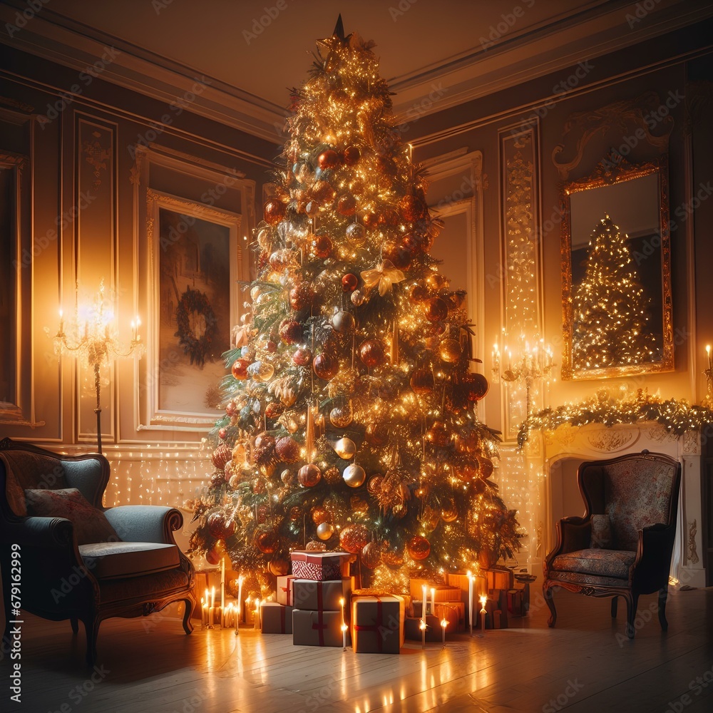 christmas tree in front of fireplace Generative Ai