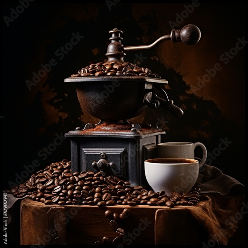 Fotografia con detalle y molinillo antiguo de café, con multitud de granos de cafe tostado y tazas de ceramica photo
