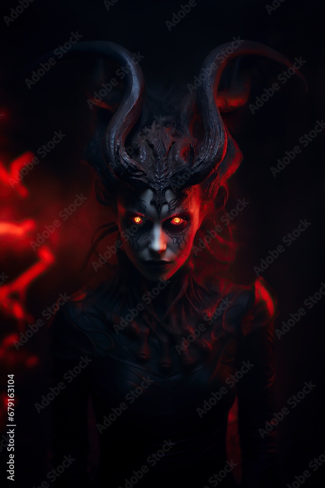 attractive model dressed as a devil posing in the studio