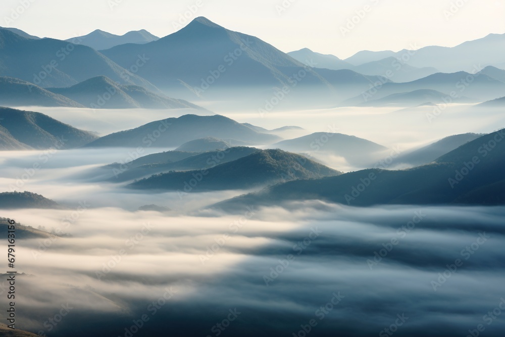 Beautiful landscape of mountains in foggy morning. Beauty in nature.