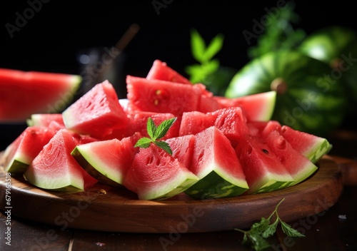 Several slices of red and very fresh watermelon.